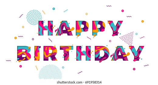 Happy Birthday greeting card template with festive color confetti stars and balloons pattern. Vector birthday congratulation text of modern papercut multi color layers letters.