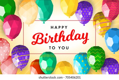 Happy birthday greeting card template with modern low polygonal balloons. Good for flyer, postcard, social media banner, instagram post design, leaflet.