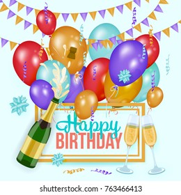 Happy Birthday greeting card template with champagne bottle and glasses, balloons and flags, realistic vector illustration. Birthday party set - text, champagne, glasses, balloons and party flags