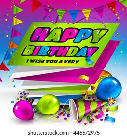 Happy birthday greeting card. Text on folded harmonica paper. Colorful balloons, hat, carnival mask, confetti and bunting flags. Vector.