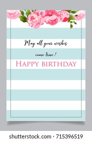Happy Birthday greeting card with text May all your wishes come true. Blue striped background with floral elements.