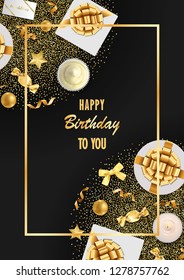 Happy Birthday greeting card with top view gold festive items on black background. Luxury flat lay objects template for greeting, birthday cards, wedding invites, gift voucher, covers with text palce.