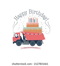 Happy Birthday greeting card with a truck carrying a cake with candles and driven by a man shouting "Happy Birthday" in a megaphone