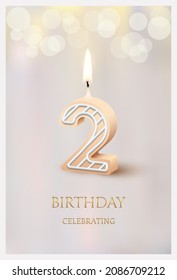 Happy birthday greeting card with two number candle vector illustration. 3d candlelight in poster design for anniversary party celebration, cute invitation template candles for sweet cake dessert