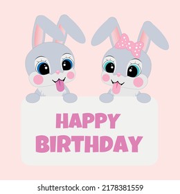 Happy birthday greeting card with two cartoon hares