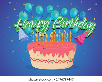 Happy Birthday Greeting Card With Typography Vector Design for Invitation, Cards, Poster, Banner, Flyer, Web, Social Media with Cake, Balloon, Cap and Confetti.