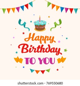 Happy Birthday Greeting Card Typography with Birthday Cake Illustration and Confetti Ornament Decoration. Poster, Banner, Backdrop, Party Invitation Template Design.