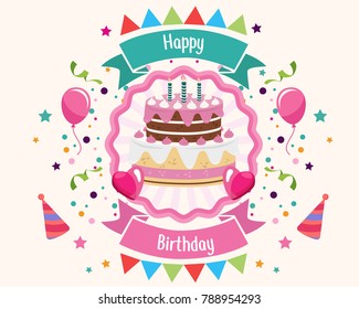 Happy Birthday Greeting Card Typography with Gift Present Illustration and Confetti Ornament Decoration. Poster, Banner, Backdrop, Party Invitation Template Design.