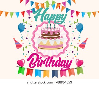 Happy Birthday Greeting Card Typography with Gift Present Illustration and Confetti Ornament Decoration. Poster, Banner, Backdrop, Party Invitation Template Design.