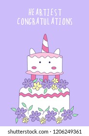 Happy Birthday greeting card with unicorn cake. Vector illustration