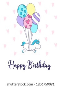 Happy Birthday greeting card with unicorn and cute balloons. Vector illustration