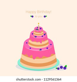 Happy birthday greeting card. Vector illustration of cake with candle and berries.