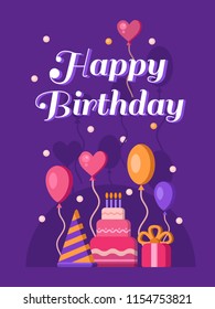 Happy Birthday greeting card. Vector illustration with birthday cake, balloons and gift. Festive template for use in design. Banner birthday celebration.