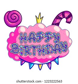 Happy birthday greeting card vector template. Candy lettering on pink bubble gum with candycane, lollipop and festive garland. Cartoon candy shop signboard idea. Birthday banner, poster design element