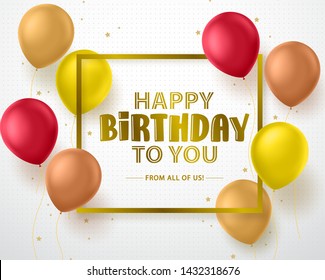 Happy birthday greeting card vector banner design. Happy birthday text and colorful balloons with frame in white textured background. Vector illustration.
