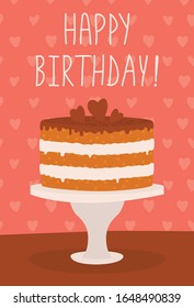 Happy Birthday Greeting Card. Vector illustration of a birthday cake on a pink background.