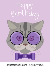 Happy Birthday Greeting Card. Vector illustration of a cat with glasses and a bow tie