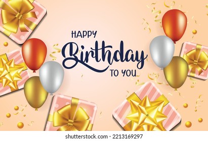 Happy birthday greeting card vector. Happy birthday vector with gift box and balloon elements