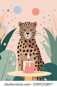 Happy Birthday greeting card vector illustration with cute flat style Leopard character with blue eyes, tasty birthday cake and one candle on tropical flowers background. First birthday party concept.