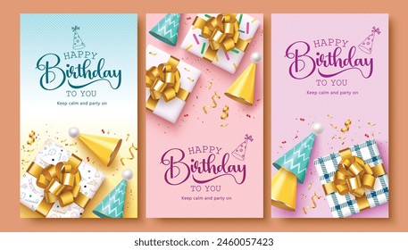 Happy birthday greeting card vector set design. Birthday invitation card collection with gift boxes, party hat and confetti decoration elements. Vector illustration birthday greeting design. 
