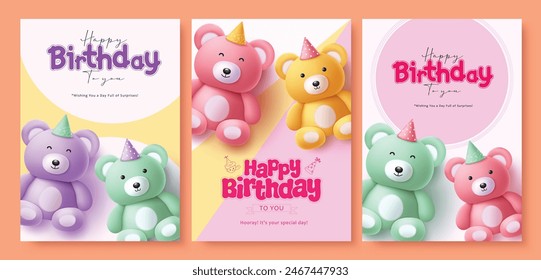 Happy birthday greeting card vector poster set design. Birthday greeting text with teddy bear toys surprise elements for kids invitation card collection template. Vector illustration birthday card 
