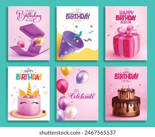 Happy birthday greeting card vector poster set. Birthday invitation with gift box, cone, unicorn cake, balloons and chocolate cake decoration elements. Vector illustration birthday greeting card 