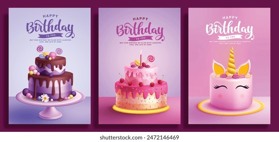Happy birthday greeting card vector poster set design. Birthday greeting text with 3d realistic  blueberry, strawberry and unicorn cake for invitation card collection. Vector illustration birthday 