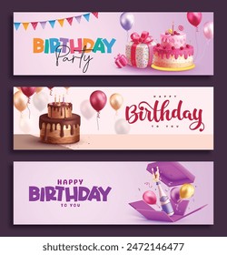 Feliz cumpleaños tarjeta de felicitación Vector Anuncio conjunto de diseño. Texto de felicitación de cumpleaños con Elementos de fiesta para el fondo de la tarjeta de invitación. Anuncio de tarjeta de cumpleaños de Ilustración vectorial. 
