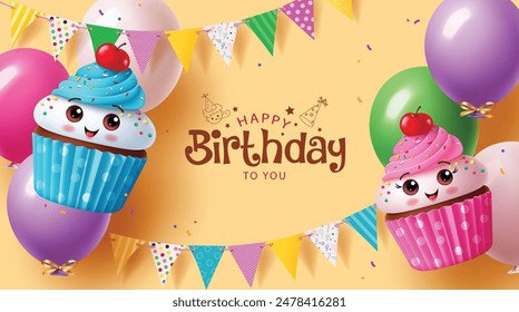 Happy birthday greeting card vector background design. Birthday greeting text with cute cup cake characters , balloons and pennants decoration elements in yellow background. Vector illustration