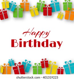 Happy Birthday greeting card. Vector card with gift boxes