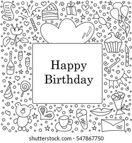 Happy birthday greeting card in vector. Funny objects. Gift box in black and white colors. 