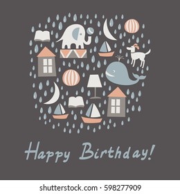 Happy birthday greeting card. Vector illustration. 