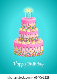 Happy Birthday greeting card. Vector illustration of beautiful white birthday cake with pink glaze and candles. Isolated on blue background.