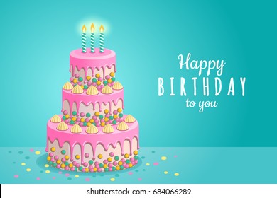 Happy Birthday greeting card. Vector illustration of a beautiful three-tier white birthday cake with pink glaze and three candles. Isolated on blue background.