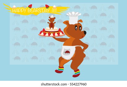 'Happy birthday' greeting card with very funny bear in apron and cup with a cake with straw berries and funny inscription