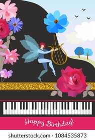 Happy birthday greeting card in vintage style. Black grand piano, winged elf with lire in shape of cosmos flower, spring landscape and beautiful garden flowers in vector.