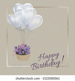 Happy birthday greeting card with violets and balloons. Vector.