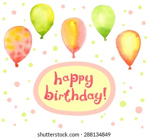 Happy birthday greeting card with watercolor balloons.