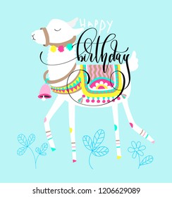 Happy birthday greeting card, white llama on blue background with hand lettering calligraphy text, vector illustration