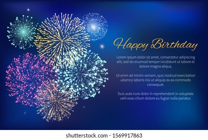 Happy Birthday greeting card with wishes and sample text. Fireworks at night sky. Decoration with calligraphic inscription. Holidays celebration with pyrotechnics exploding in dark. Vector in flat