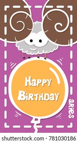 Happy Birthday, greeting card. Zodiac, Aries on a balloon vector illustration