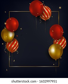 Happy birthday greeting card.Celebration design with colored balloons, confetti, sparkles.Concepts for web banner, social networks, promotional sales. Vector background 