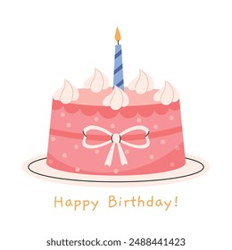 Happy Birthday greeting card.First 1st year Pink birthday cake with one candle.Flat vector illustration isolated on white background.