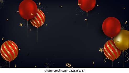 Happy birthday greeting card.Horizontal background with red,gold balloons, confetti, sparkles.Concepts for web banner, social networks, promotional sales. Vector illustration.