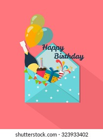 Happy Birthday greeting card.Postal Envelopes With Balloons,Cake,Champagne,Gift,Petard.Flat style modern design vector illustration