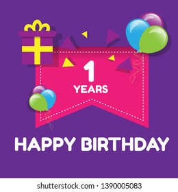 Happy Birthday greeting cards. 1 years - greeting cards and poster with balloon, confetti and gift box. 