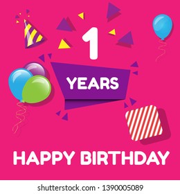 Happy Birthday greeting cards. 1 years - greeting cards and poster with balloon, confetti and gift box. 
