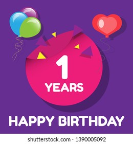 Happy Birthday greeting cards. 1 years - greeting cards and poster with balloon, confetti and gift box. 