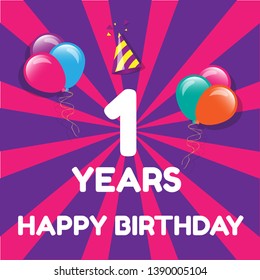 Happy Birthday greeting cards. 1 years - greeting cards and poster with balloon, confetti and gift box. 