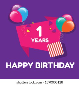 Happy Birthday greeting cards. 1 years - greeting cards and poster with balloon, confetti and gift box. 
